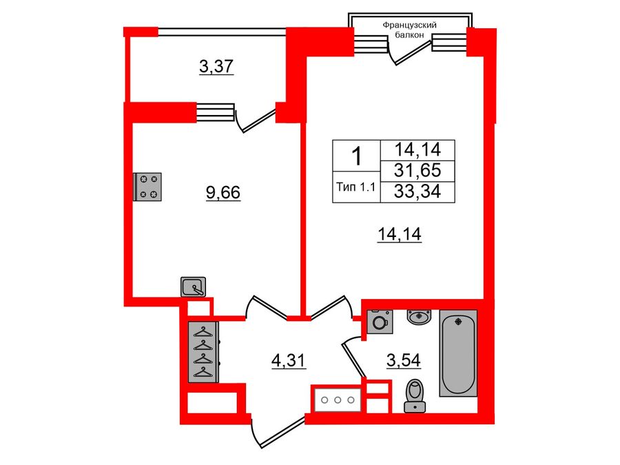 1-комнатная квартира, 31.65 м²; этаж: 11 - купить в Санкт-Петербурге