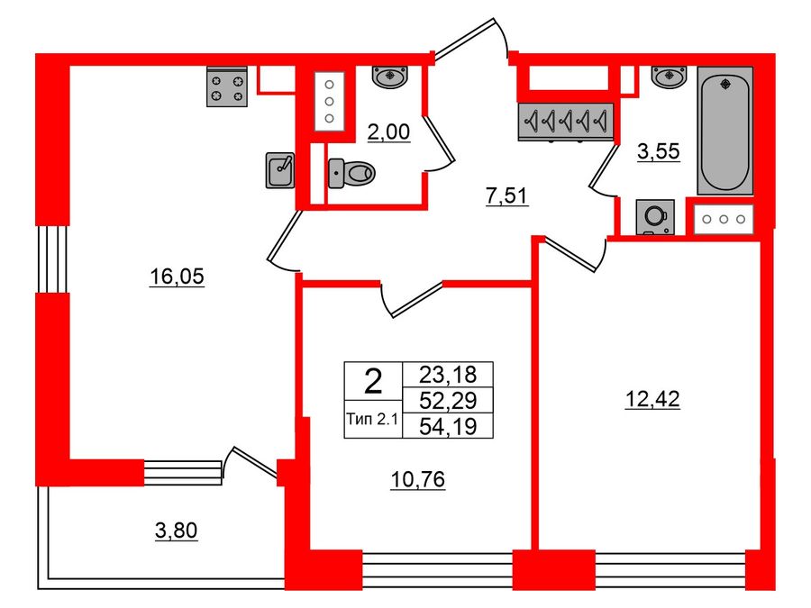 2-комнатная квартира № в: Setl Ривьера: 52.29 м²; этаж: 9 - купить в Санкт-Петербурге