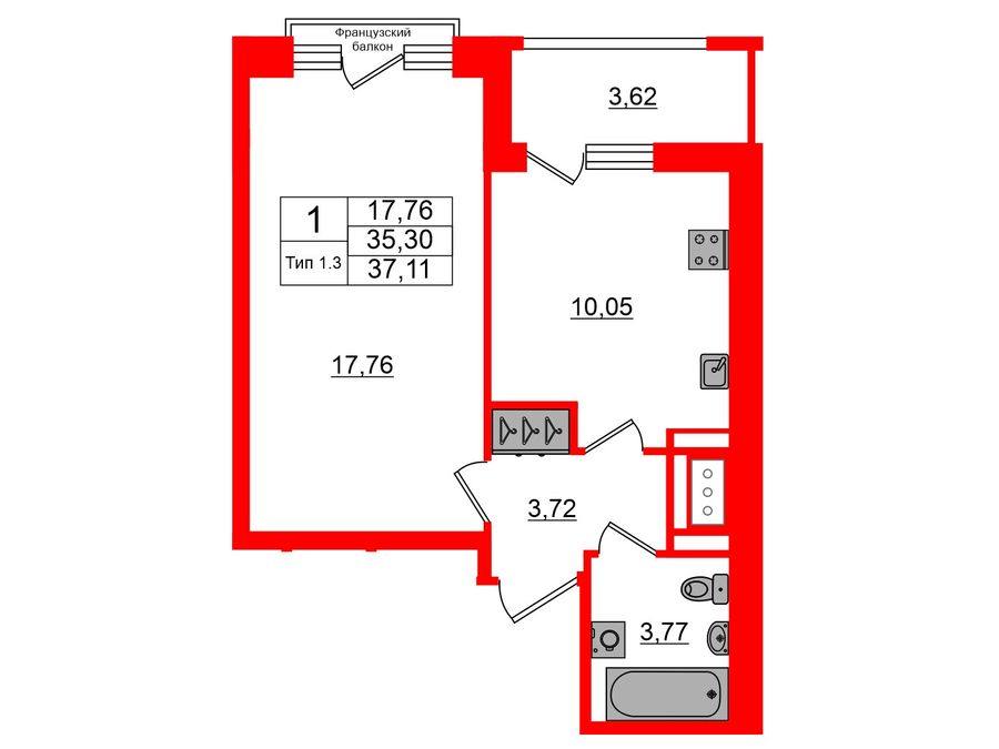 1-комнатная квартира, 35.3 м²; этаж: 3 - купить в Санкт-Петербурге