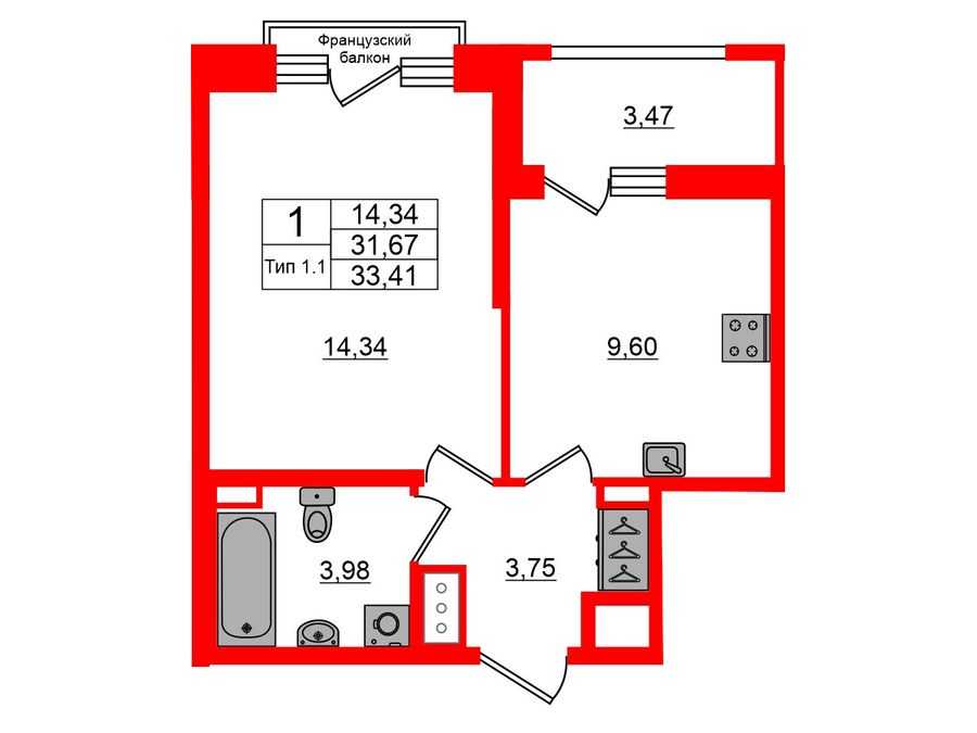 1-комнатная квартира, 31.67 м²; этаж: 9 - купить в Санкт-Петербурге