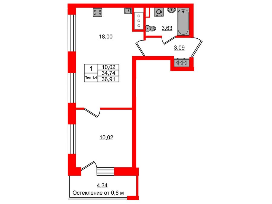 1-комнатная квартира, 34.74 м²; этаж: 3 - купить в Санкт-Петербурге