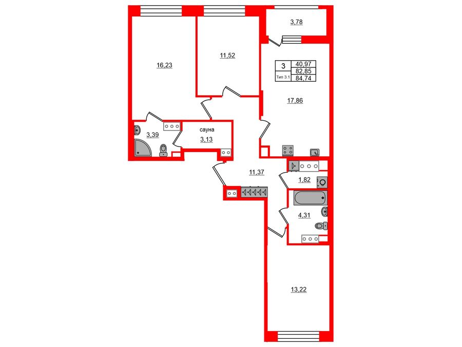 3-комнатная квартира № в: Setl Ривьера: 82.85 м²; этаж: 5 - купить в Санкт-Петербурге