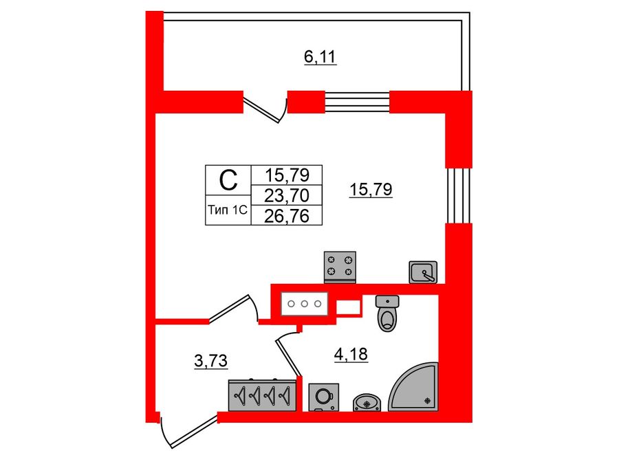 1-комнатная квартира  №331 в Setl Ривьера: 23.7 м², этаж 7 - купить в Санкт-Петербурге