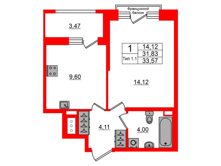 1-комнатная квартира № в: Setl Ривьера: 31.83 м²; этаж: 11 - купить в Санкт-Петербурге