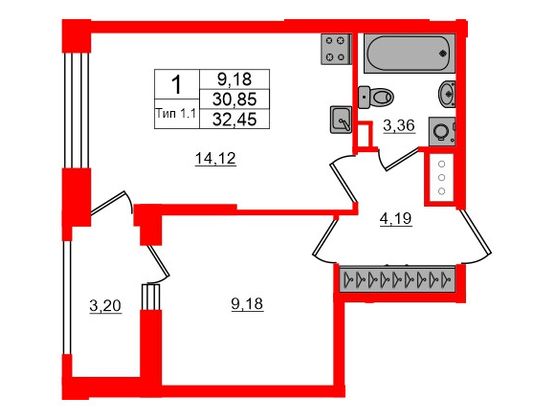1-комнатная квартира, 30.85 м²; этаж: 15 - купить в Санкт-Петербурге
