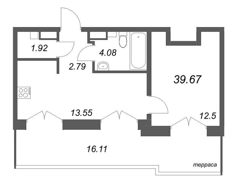 1-комнатная квартира  №36 в ID Petrogradskaya: 39.67 м², этаж 6 - купить в Санкт-Петербурге