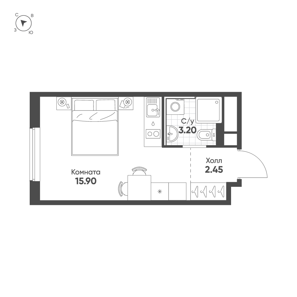 1-комнатная квартира №410 в Avenue Apart Pulkovo 2-й корпус: 21.4 м², этаж 12 - купить в Санкт-Петербурге