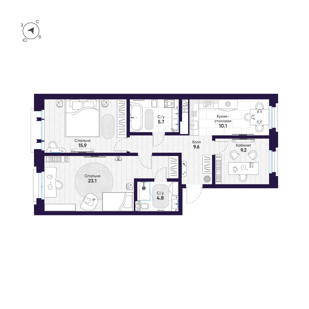 3-комнатная квартира  №54 в Мариинка Deluxe: 78.4 м², этаж 2 - купить в Санкт-Петербурге