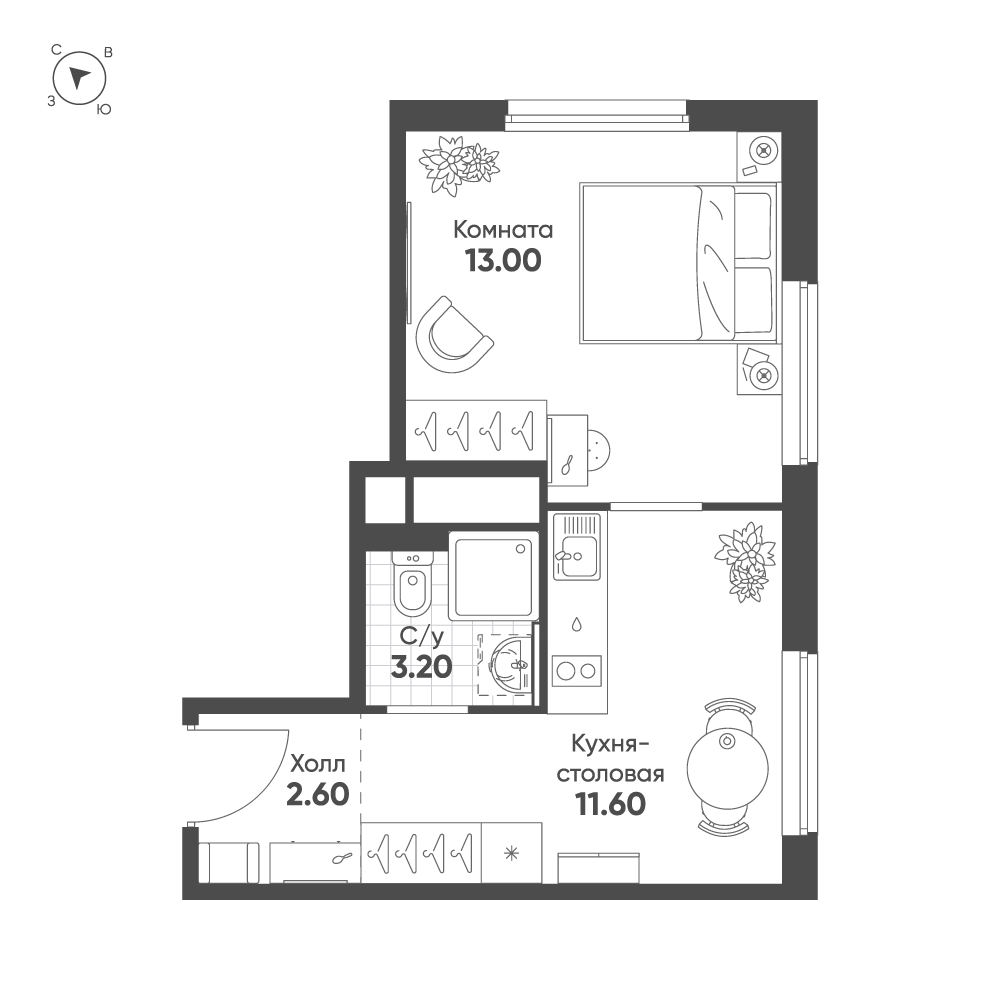 1-комнатная квартира №163 в Avenue Apart Pulkovo 1-й корпус: 29.7 м², этаж 12 - купить в Санкт-Петербурге