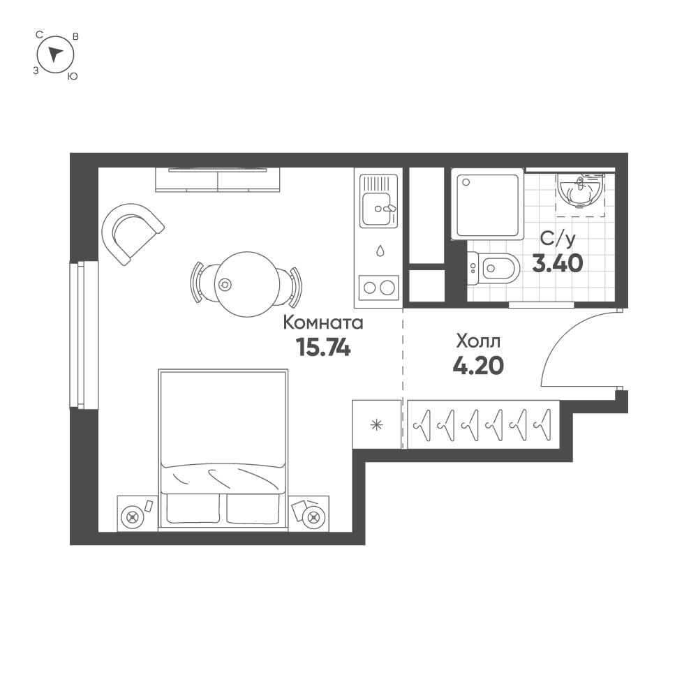 1-комнатная квартира №46 в Avenue Apart Pulkovo 1-й корпус: 23.2 м², этаж 4 - купить в Санкт-Петербурге