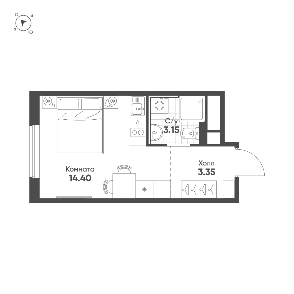 1-комнатная квартира №408 в Avenue Apart Pulkovo 2-й корпус: 20.9 м², этаж 12 - купить в Санкт-Петербурге