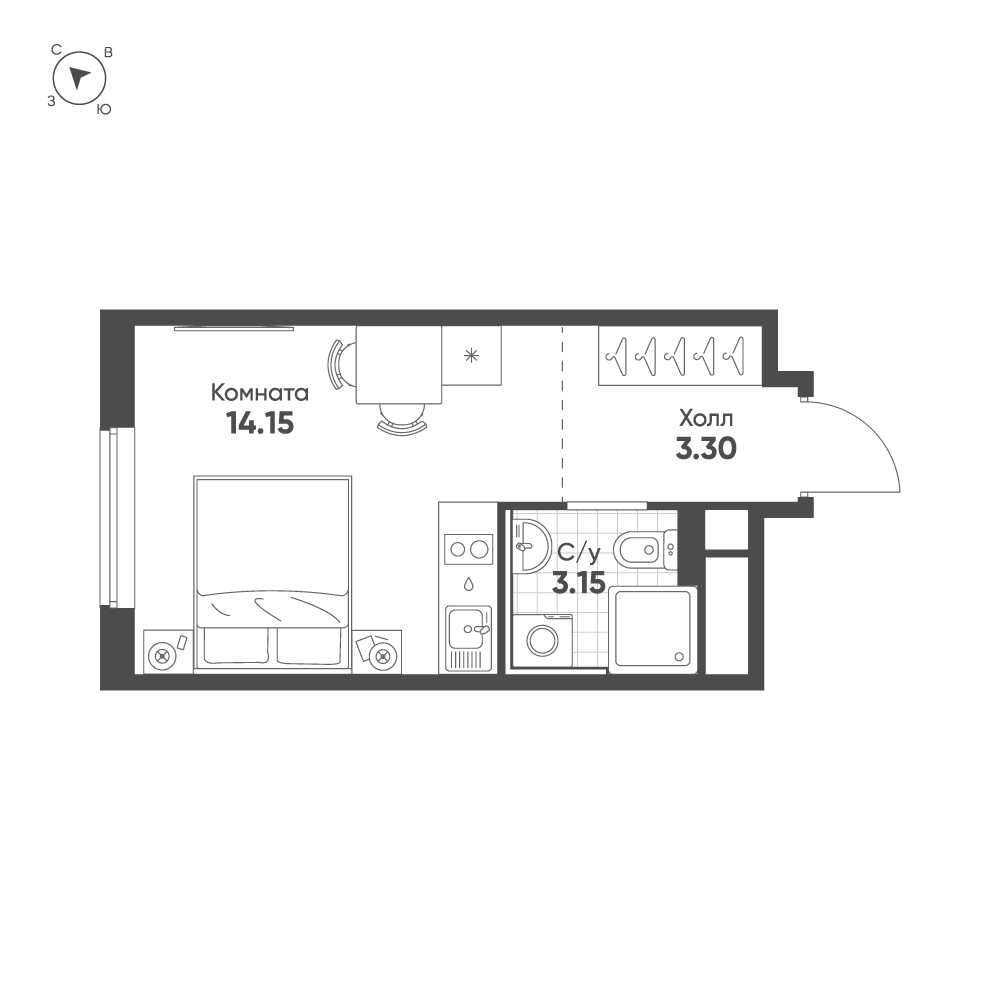 1-комнатная квартира №441 в Avenue Apart Pulkovo 2-й корпус: 20.7 м², этаж 14 - купить в Санкт-Петербурге
