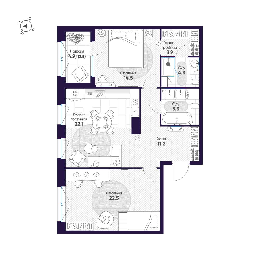 2-комнатная квартира  №82 в ЛДМ: 86.3 м², этаж 6 - купить в Санкт-Петербурге