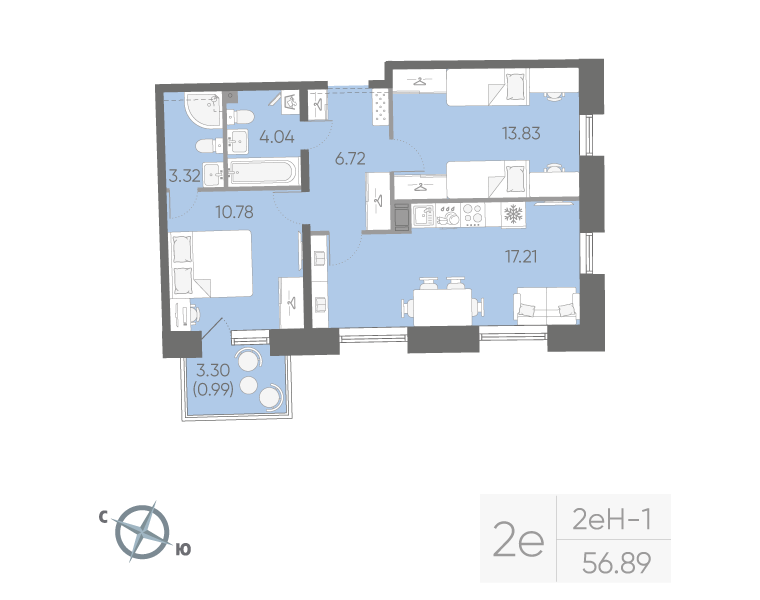 2-комнатная квартира, 56.89 м²; этаж: 9 - купить в Санкт-Петербурге