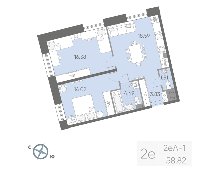 2-комнатная квартира, 58.82 м²; этаж: 5 - купить в Санкт-Петербурге