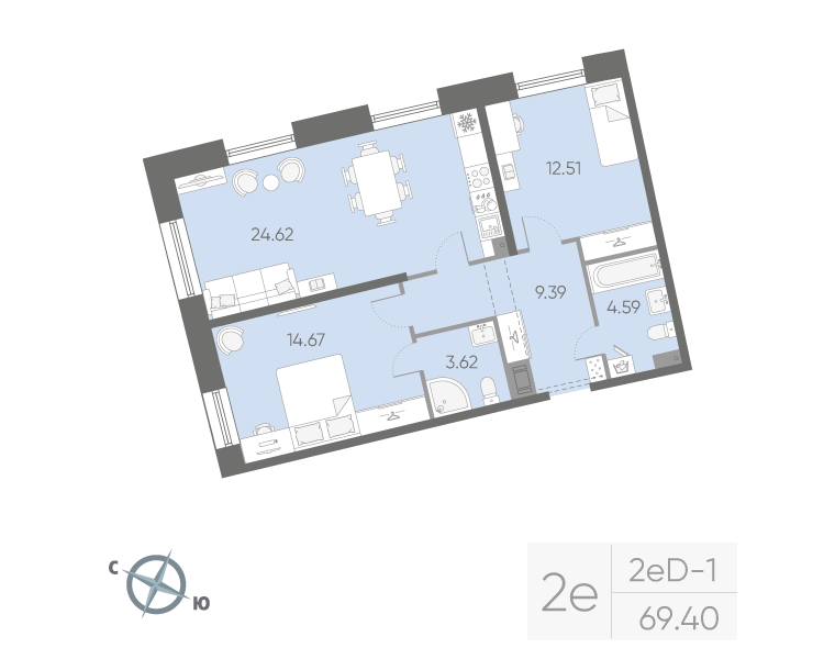 2-комнатная квартира, 69.4 м²; этаж: 9 - купить в Санкт-Петербурге
