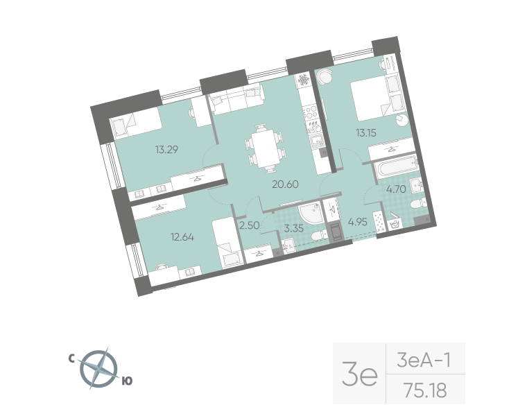 2-комнатная квартира, 75.18 м²; этаж: 7 - купить в Санкт-Петербурге