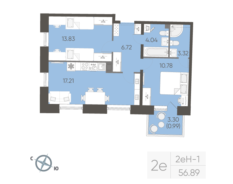 2-комнатная квартира, 56.89 м²; этаж: 8 - купить в Санкт-Петербурге