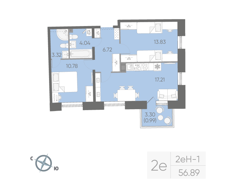 2-комнатная квартира, 56.89 м²; этаж: 6 - купить в Санкт-Петербурге