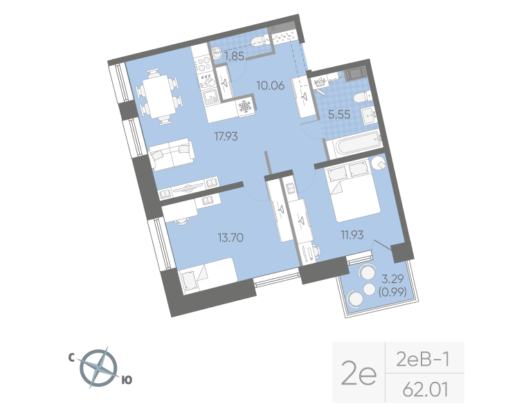 2-комнатная квартира, 62.01 м²; этаж: 6 - купить в Санкт-Петербурге
