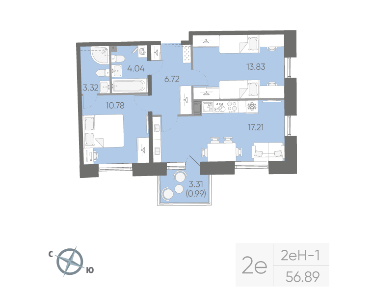 2-комнатная квартира, 56.89 м²; этаж: 4 - купить в Санкт-Петербурге
