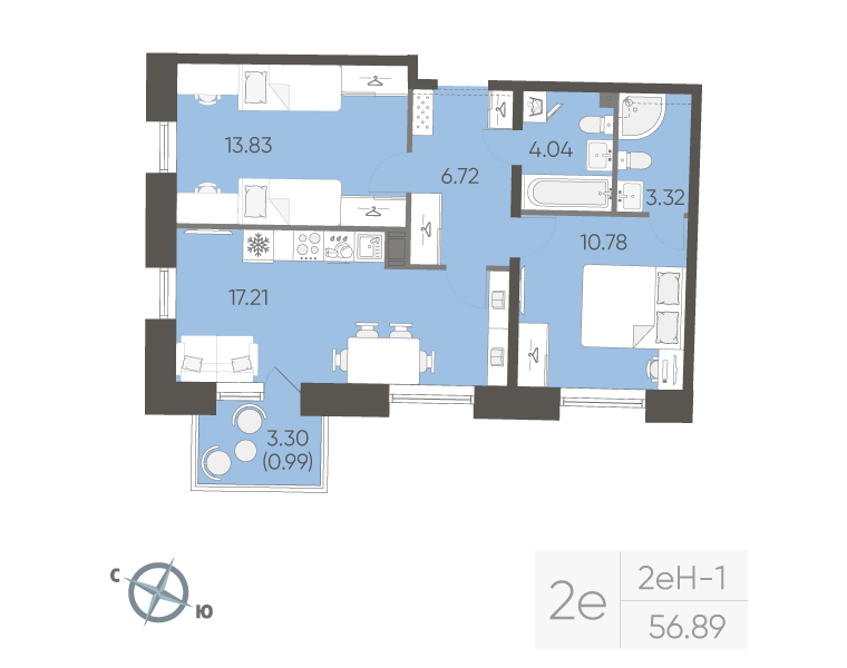 2-комнатная квартира, 56.89 м²; этаж: 6 - купить в Санкт-Петербурге