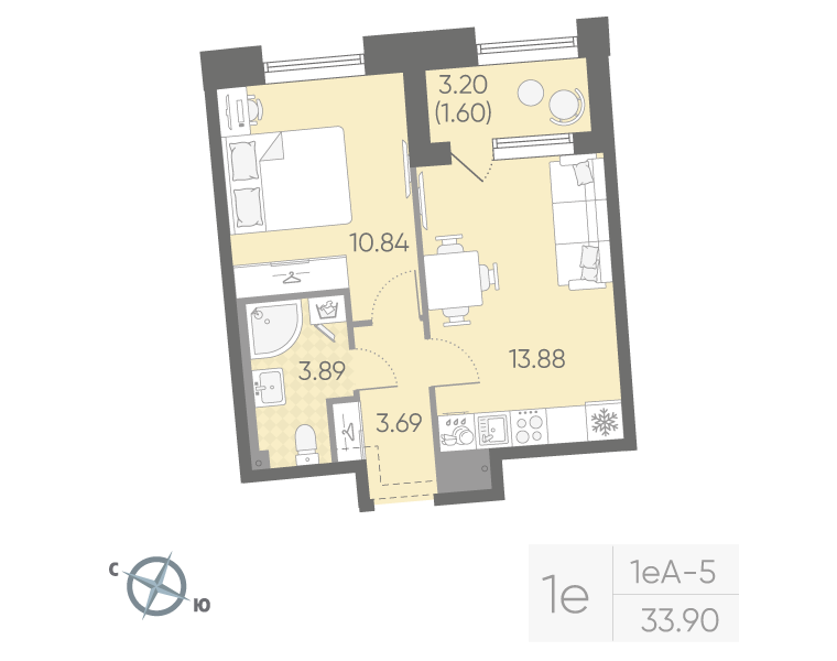 1-комнатная квартира, 33.9 м²; этаж: 3 - купить в Санкт-Петербурге