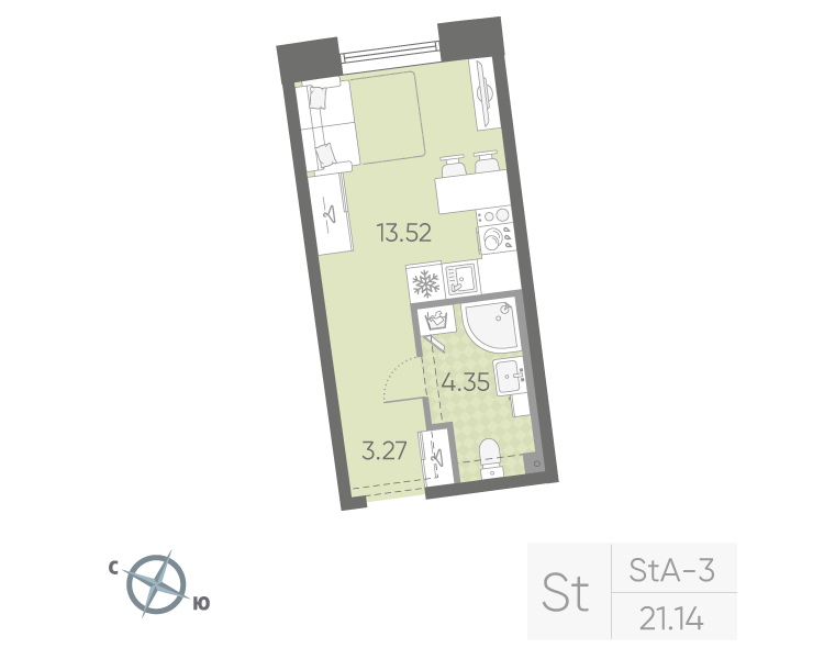 1-комнатная квартира, 21.14 м²; этаж: 3 - купить в Санкт-Петербурге