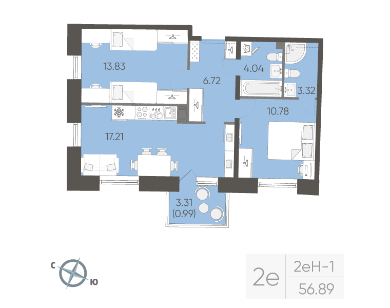 2-комнатная квартира, 56.89 м²; этаж: 4 - купить в Санкт-Петербурге