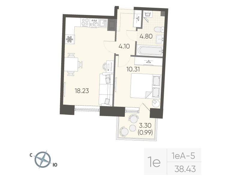 1-комнатная квартира, 38.43 м²; этаж: 12 - купить в Санкт-Петербурге