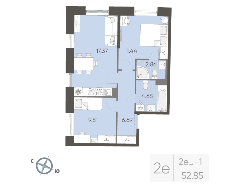 2-комнатная квартира, 52.85 м²; этаж: 3 - купить в Санкт-Петербурге