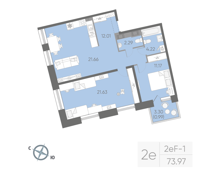 2-комнатная квартира, 73.97 м²; этаж: 9 - купить в Санкт-Петербурге
