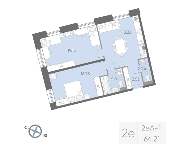 2-комнатная квартира, 64.21 м²; этаж: 3 - купить в Санкт-Петербурге