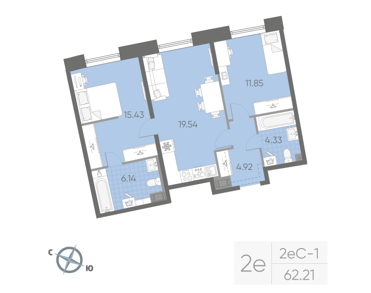 2-комнатная квартира, 62.21 м²; этаж: 9 - купить в Санкт-Петербурге