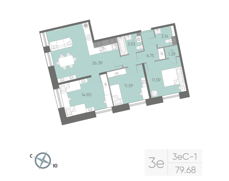 2-комнатная квартира, 79.68 м²; этаж: 13 - купить в Санкт-Петербурге