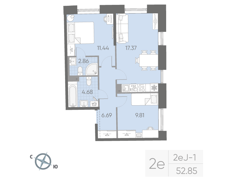 2-комнатная квартира, 52.85 м²; этаж: 3 - купить в Санкт-Петербурге