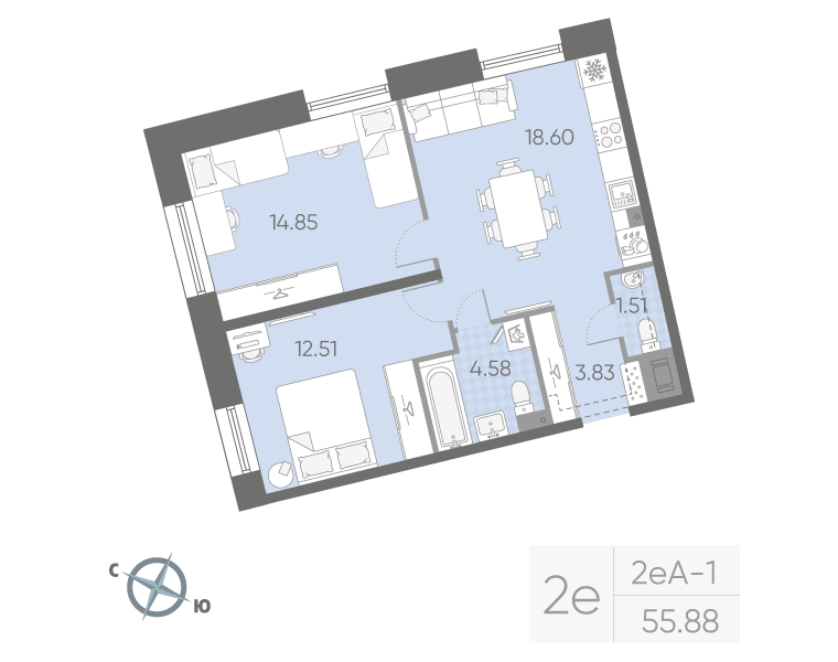 2-комнатная квартира, 55.88 м²; этаж: 6 - купить в Санкт-Петербурге