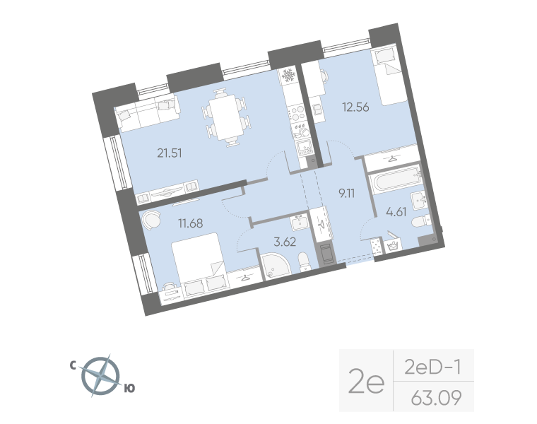 2-комнатная квартира, 63.09 м²; этаж: 11 - купить в Санкт-Петербурге