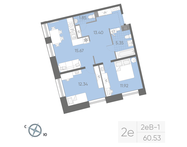 2-комнатная квартира, 60.53 м²; этаж: 7 - купить в Санкт-Петербурге