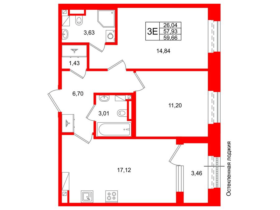 2-комнатная квартира, 57.93 м²; этаж: 5 - купить в Санкт-Петербурге