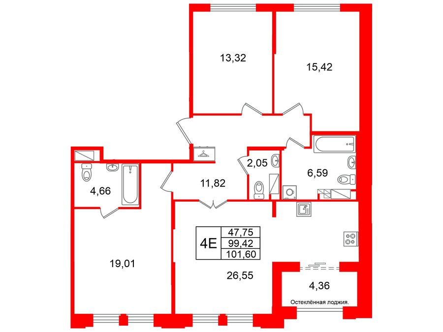 3-комнатная квартира, 99.42 м²; этаж: 6 - купить в Санкт-Петербурге