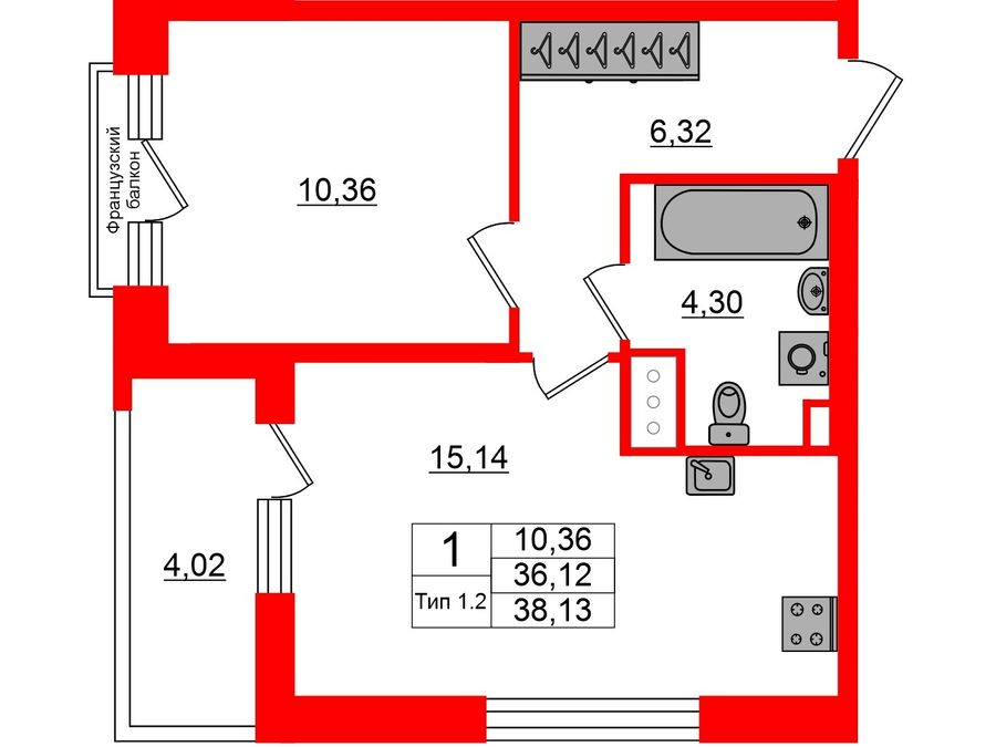 1-комнатная квартира, 36.12 м²; этаж: 10 - купить в Санкт-Петербурге