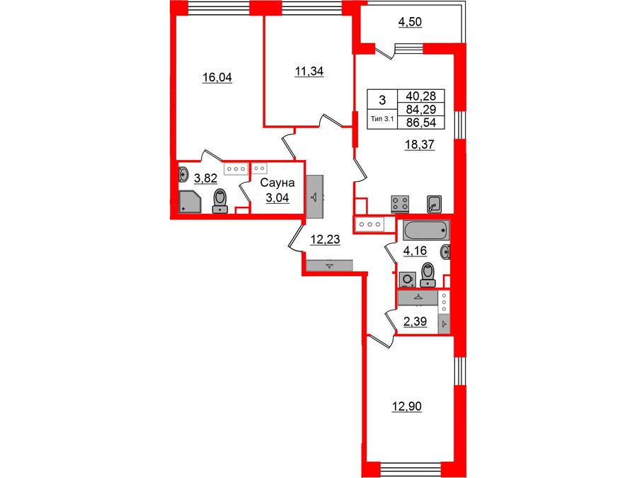 3-комнатная квартира, 84.29 м²; этаж: 5 - купить в Санкт-Петербурге