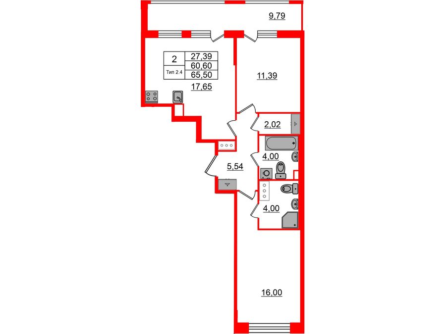 2-комнатная квартира, 60.6 м²; этаж: 2 - купить в Санкт-Петербурге