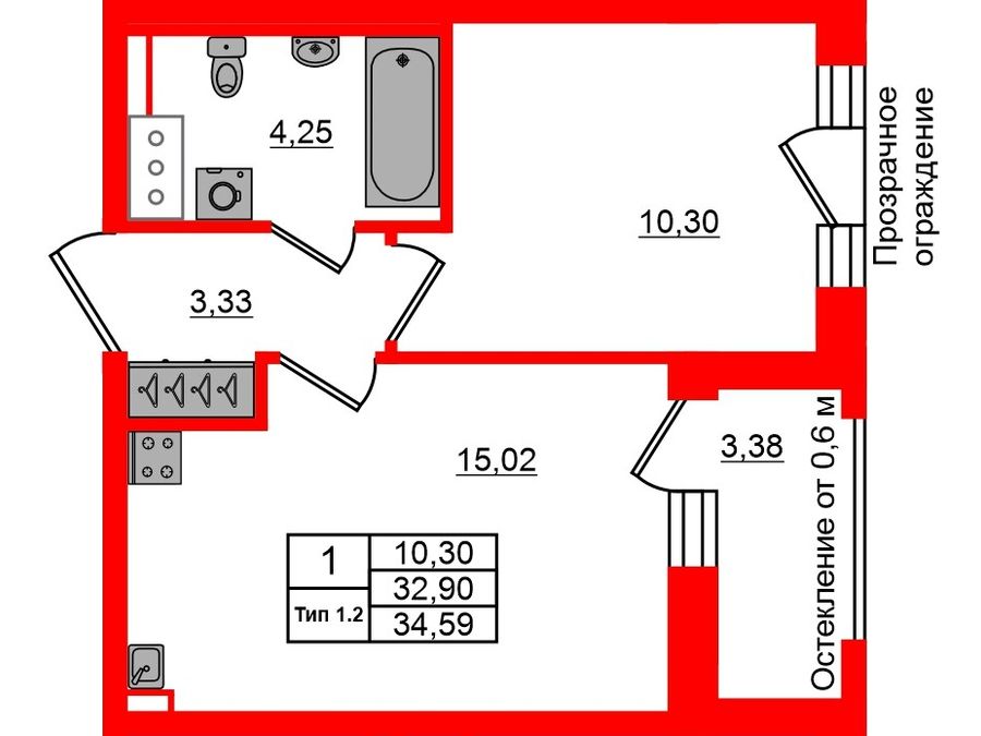 1-комнатная квартира, 32.9 м²; этаж: 12 - купить в Санкт-Петербурге