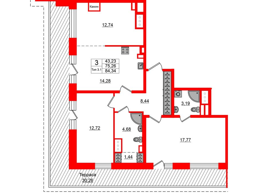 3-комнатная квартира  №82 в Setl Ривьера: 75.26 м², этаж 12 - купить в Санкт-Петербурге