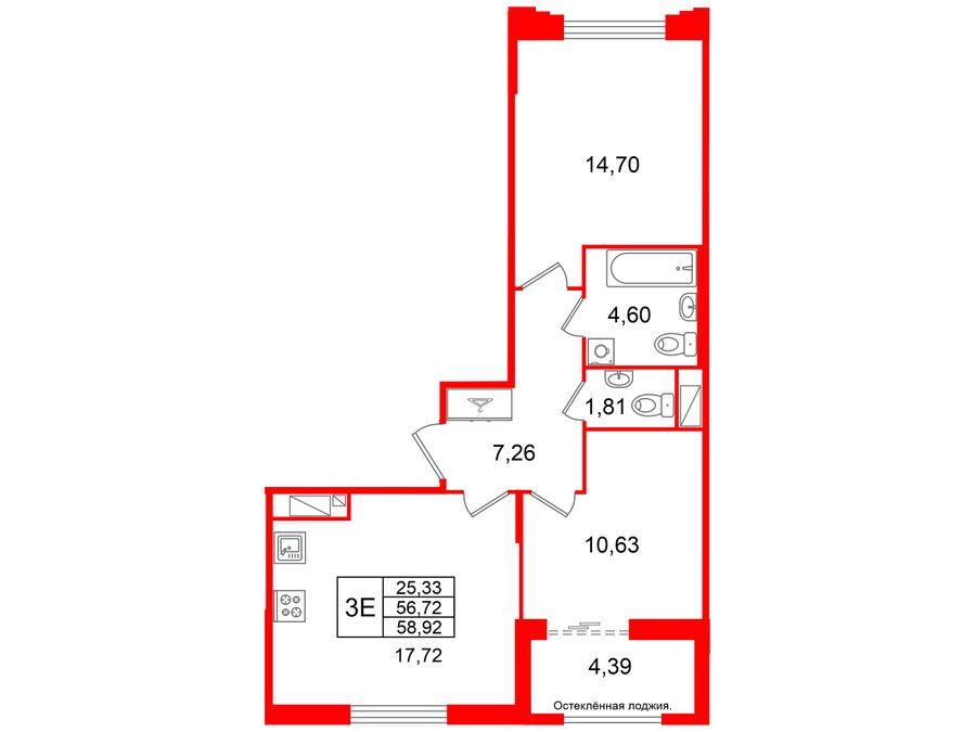 2-комнатная квартира, 56.72 м²; этаж: 3 - купить в Санкт-Петербурге