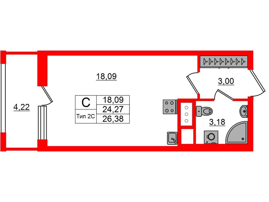 1-комнатная квартира, 24.27 м²; этаж: 4 - купить в Санкт-Петербурге