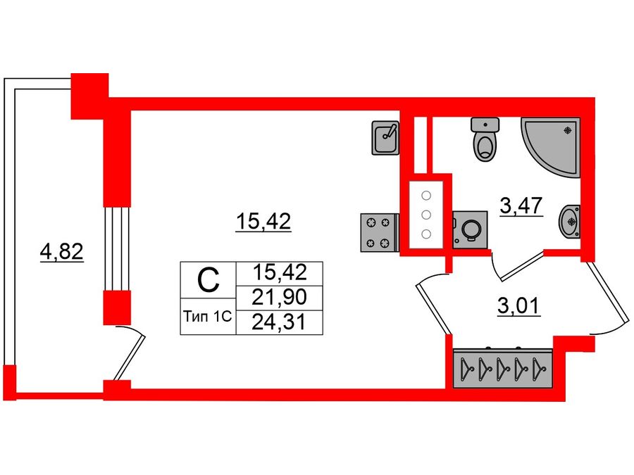 1-комнатная квартира, 21.9 м²; этаж: 3 - купить в Санкт-Петербурге