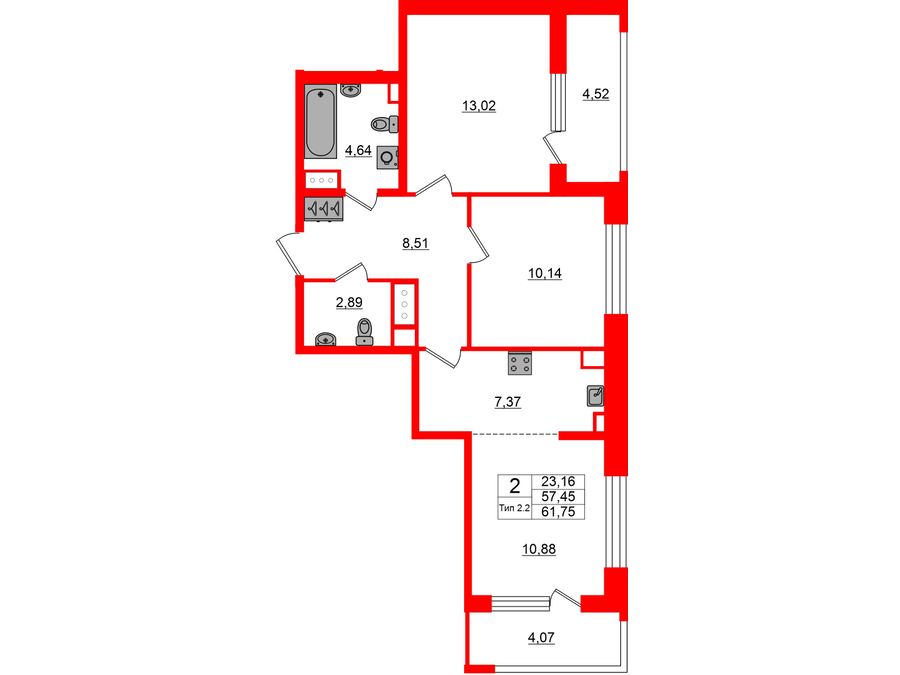 2-комнатная квартира, 57.45 м²; этаж: 11 - купить в Санкт-Петербурге